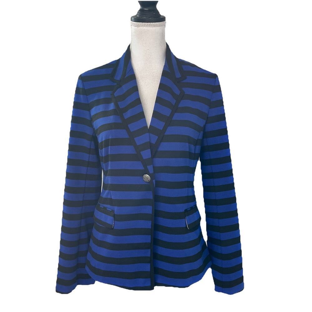 Ellen Tracy Co. Blazer Jacket size Small Royal Blue Black Stripe Stretch Career